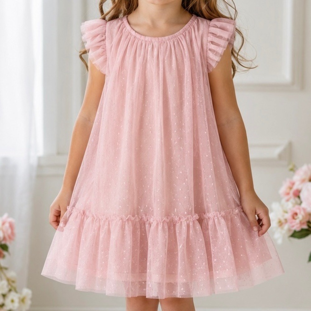 Richie House Girls Size 5 Pink Swiss Dot Tulle Ruffle Sleeve Party Dress